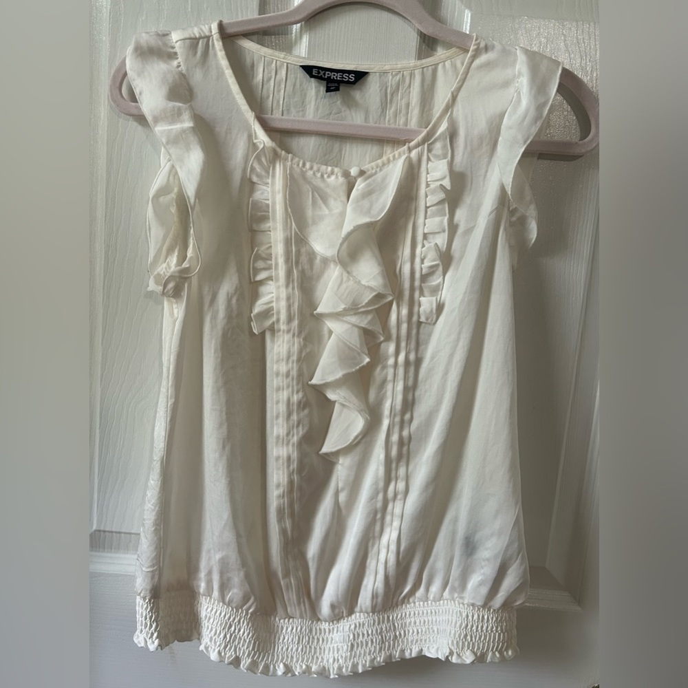 Express Ruffles front short sleeve white blouse, XS
